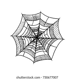 Halloween spiderweb. Halloween object design isolated element on white background. Hand drawn vector sketch doodle graphic illustration. Halloween party, holiday, cloth, print, icon,logo,paper,decor.