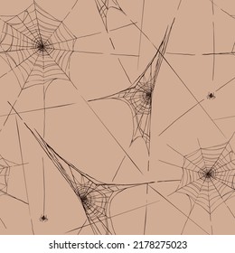 Halloween Spiderweb Seamless Pattern. Ornament Of Cobweb, Spiders. Vector Illustration In Retro Sketch Style. Abstract Design For Spooky, Scary, Horror Decor.