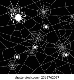 Halloween spiderweb vector background with spiders. Minimal Halloween Vector Seamless Pattern With White Spider Web on Black Background.