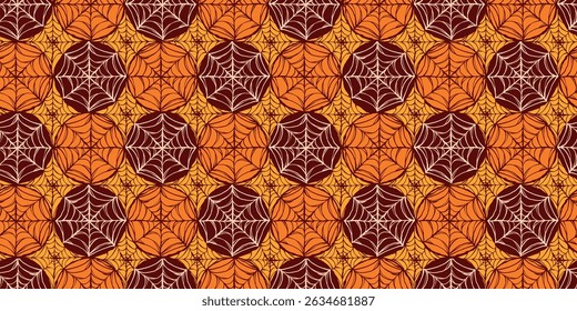 Halloween Spiderwebs in Seamless Pattern Isolated on Orange and Brown Background. Multicolored and rich autumn hues with classic webs great for print, web, fashion, cards, wrapping paper
