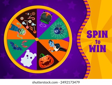 Halloween Spin, Glücksrad und Urlaub Roulette Spiel mit Monstern, Vektorgrafik Hintergrund. Halloween Feiertagstrick oder Leckerli Win Spiel Roulette mit Büchergespenst, gruseligen Zombie, Kürbis und Hexenkessel