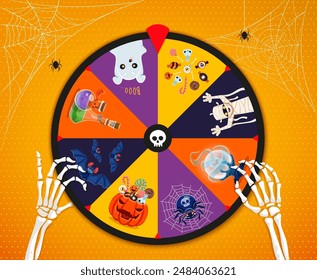 Halloween spin, fortune wheel roulette. Gambling spin, bet jackpot game vector Halloween roulette with ghost, mummy and bat cartoon characters, candy treat, spider web, skeleton hand and magic potions