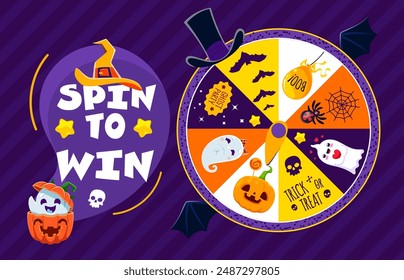 Halloween spin o ruleta de la rueda de la fortuna para ganar el premio en la fiesta del truco o del trato, Vector de la historieta . Halloween horror noche partido juego rueda de la fortuna o la suerte de giro con calabaza, boo fantasmas y arañas