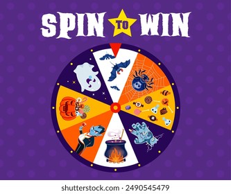 Halloween spin, fortune wheel roulette with cartoon horror holiday monsters characters. Vector trick or treat party casino game with spooky pumpkin, ghost, bats, Dracula vampire and witch cauldron