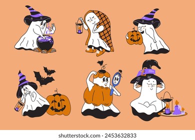 Halloween spirit collection with cute ghost set. Ghostly Halloween set with cute kawaii characters, flat cartoon vector illustration isolated.