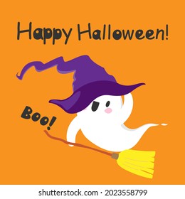 Halloween spirit ghost in a witch's hat with broom. Cute kawaii Trick or treat poster. Samhain, fear and boo. Flat cartoon Happy Halloween smiling spooky character. Vector illustration.