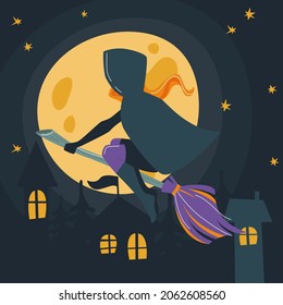 Hallowe'en. The spirits of the dead return to earth. I put A Spell On You. A witch flies on a broomstick over the city against the backdrop of a full moon. Vector illustration on a dark background.
