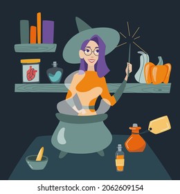 Hallowe'en. The spirits of the dead return to earth. I put A Spell On You. A witch brews a potion in a cauldron with a magic wand on a dark background. Vector illustration.