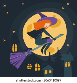 Hallowe'en. The spirits of the dead return to earth. I put A Spell On You. A witch flies on a broomstick over the city against the backdrop of a full moon. Vector illustration on a dark background.