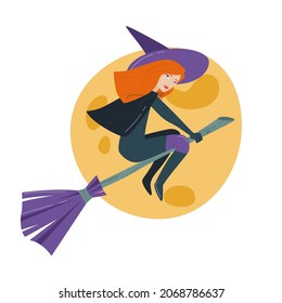 Hallowe'en. The spirits of the dead return to earth. I put A Spell On You. The witch flies on a broomstick against the backdrop of a full moon. Vector illustration. Isolated on a white background.