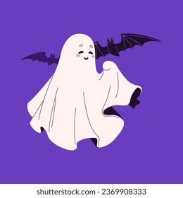 Halloween spook fly with bat. Cute ghost glad to see creepy flying vampire. Friendly spirit smile. Funny white phantom with happy face. Helloween decoration. Flat isolated vector illustration