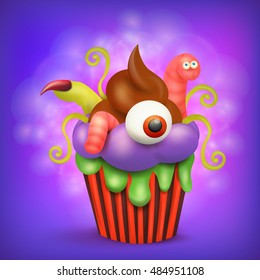 Halloween spookey cupcake with eye worm and finger. Vector illustration