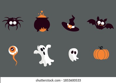 Halloween Spooks Pumpkin Bat Witches Hat Spider Ghost Eyeball Spooky Creepy 