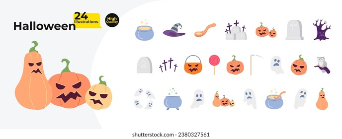 Halloween spooky 2D cartoon objects bundle. Scary pumpkins, cemetery tombstones, haunted ghosts isolated vector items white background. Trick or treat color flat spot illustration collection