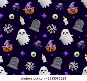 Halloween spooky 3D icon background pattern in vector illustration. Ghosts, pumpkins, spiders, eyeballs, candles, tombstones, cobwebs and stars on a dark purple field. Seasonal October party design.