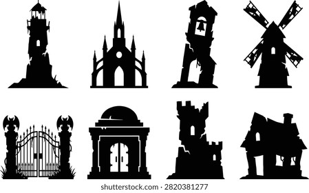 Halloween Spooky Architecture Silhouettes Set Featuring Abandoned Castle Lighthouse Crypt Mill Gate Tower and Haunted Church Vectors