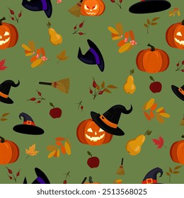  Halloween, spooky, Autumn seamless pattern with colorful pumpkins, forest leaves, broom, black witch hat, red berries, apples, pears. Perfect for Halloween print, wrapping paper Vector illustration