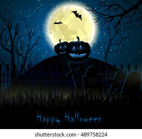 Halloween spooky background with moon fence and pumpkins. Vector