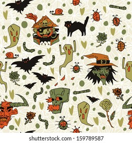Halloween spooky background. Vector pattern for web page backgrounds, postcards, greeting cards, invitations, surface textures. With vampire, pirate, devil, skull, witch, cats, ghosts, bats, roses.