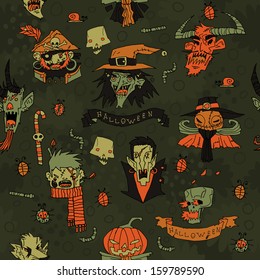Halloween spooky background. Vector pattern for web page backgrounds, postcards, greeting cards, invitations, surface textures. With vampire, pirate, devil, skull, werewolf, jack o lantern, witch.