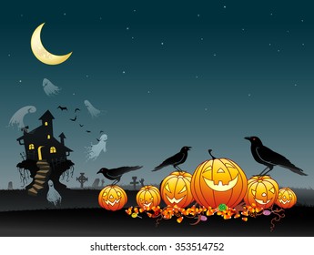 Halloween Spooky Background-Haunted scenery with crows guarding the candy treats