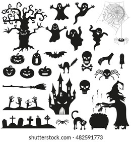 
Halloween spooky black silhouettes. Vector icons for halloween invitation card or halloween party poster vector.