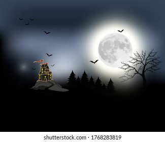 Halloween spooky black vector scenery background. Night image of full moon and bats and castle in the distance. Black and white scary Halloween illustration.