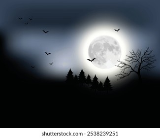 Halloween spooky black vector scenery background. Night image of full moon and bats and castle in the distance. Black and white scary Halloween illustration.