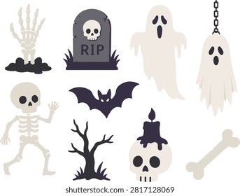 Halloween spooky black and white vector set. scary holiday collection graphic with skeleton hand, tombstone, ghosts, walking skeleton, bat, bare tree, skull candle, and bone. perfect for horror theme.
