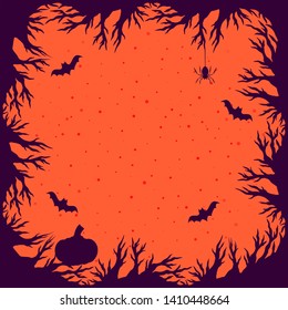 Halloween spooky branch frame with pumpkin, spider and bats in the night sky. Vector isolated horror night border illustration.