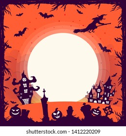 Halloween spooky branch frame with pumpkins, cemetery, haunted houses, bats and witch under the moon. Vector isolated horror night illustration.