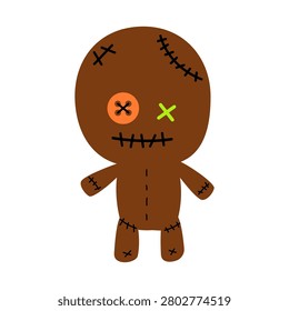 Halloween spooky brown voodoo doll with stitches and button eye for autumn holiday party commercial graphic on white background