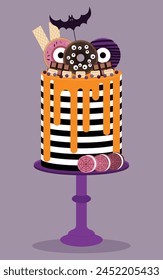 Halloween spooky cake. Vector illustration with diverse sweets.