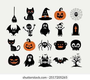 Colección de dibujos animados espeluznante de Halloween. Con juguetones murciélagos, calabazas, esqueletos y brujas en un estilo minimalista dibujado a mano. Perfecto para decoraciones de temporada, invitaciones y obras de arte digitales.