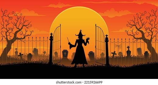 Halloween spooky cartoon illustration. Graphic design for the decoration of gift certificates, banners and flyer.