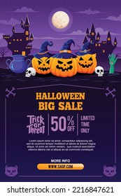 Halloween spooky cartoon illustration. Graphic design for the decoration of gift certificates, banners and flyer.