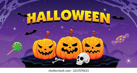 Halloween spooky cartoon illustration. Graphic design for the decoration of gift certificates, banners and flyer.