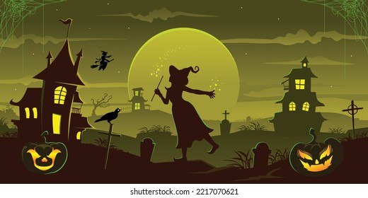 Halloween spooky cartoon illustration. Graphic design for the decoration of gift certificates, banners and flyer.