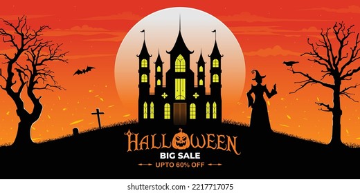 Halloween spooky cartoon illustration. Graphic design for the decoration of gift certificates, banners and flyer.