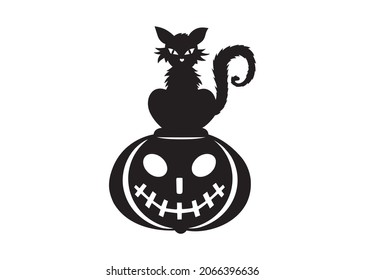 Halloween spooky cat on pumpkin vector clipart, transparent file, paper cutting, disheveled black cat on pumpkin, sticker room decoration