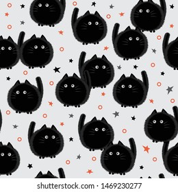 Halloween spooky cats seamless pattern on gray background. Funny fat cat halloween pattern background. Halloween theme design vector illustration