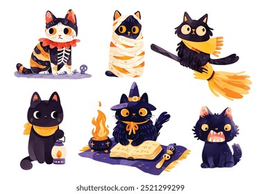 Halloween spooky cats watercolor vector