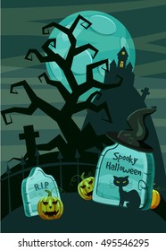 Halloween spooky cemetery concept. Cartoon illustration of Halloween spooky cemetery vector concept for web