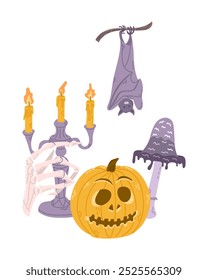 Halloween assustadora clipart com mão desenhado elementos relacionados. Jack o lanterna, mão com ossos, velas e morcego. Design bonito para Halloween isolado no fundo branco