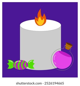 Halloween spooky clipart with hand drawn related elements. Candle with sweet and potion. Cute design for Halloween isolated on purple background