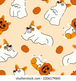 Halloween Spooky Corgi dog seamless pattern vector illustration. Cute corgi in ghost costume