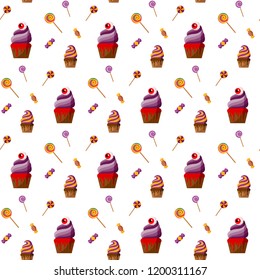 Halloween Spooky Cupcake. Vector illustration on white background. Seamless pattern. Flat design style. Swatch inside