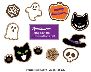 halloween spooky cute and fun icing cookie treat illustration set with editable strokes