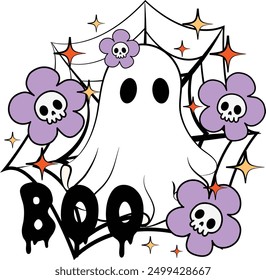 Halloween Spooky Cute Ghost with Skulls and Flowers 'Boo' hand drawn Clipart Illustration for decorate invitation greeting celebration card poster sticker party craft project background 