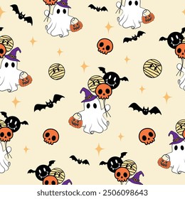 Halloween Spooky Cute Ghost with Skulls and Bat Pumpkin Balloons seamless pattern vector illustration for decorate invitation greeting  celebration card poster banner textiles wallpaper background